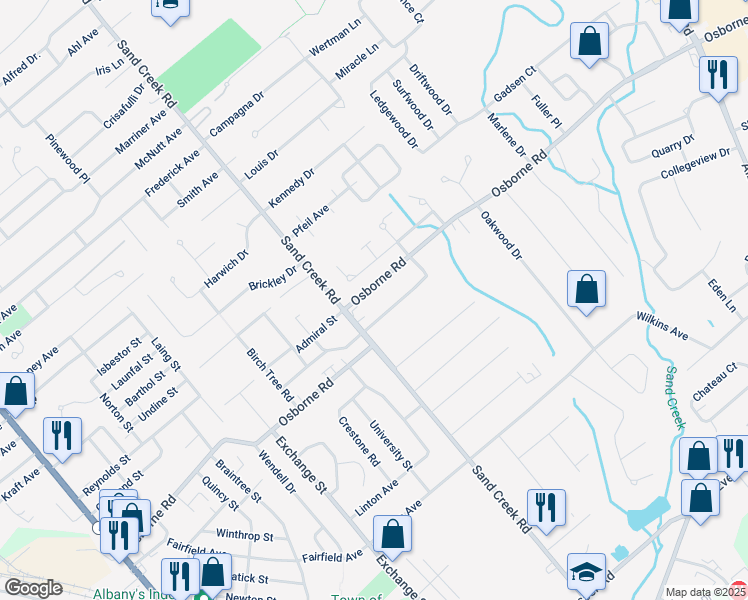 map of restaurants, bars, coffee shops, grocery stores, and more near 211 Sand Creek Road in Albany