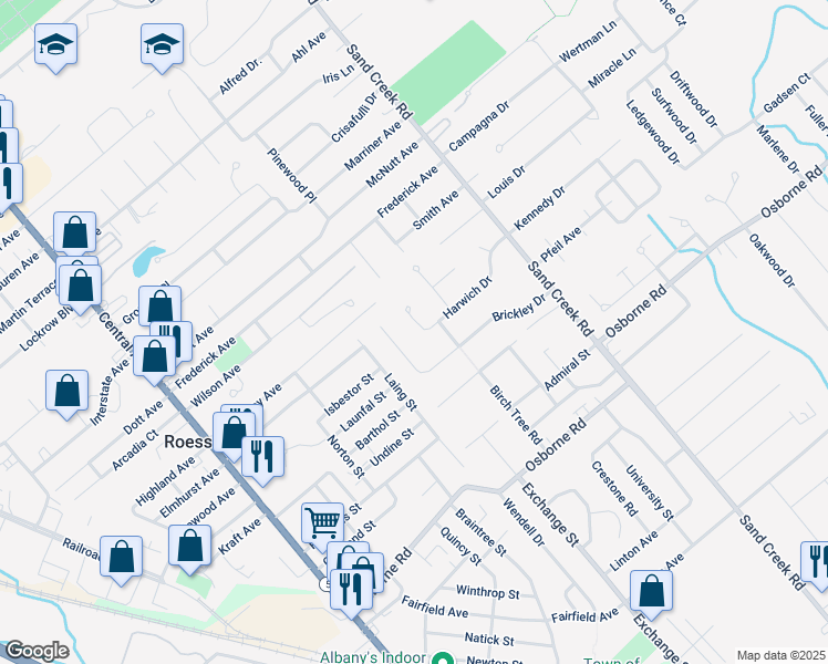 map of restaurants, bars, coffee shops, grocery stores, and more near 27 Brickley Drive in Albany