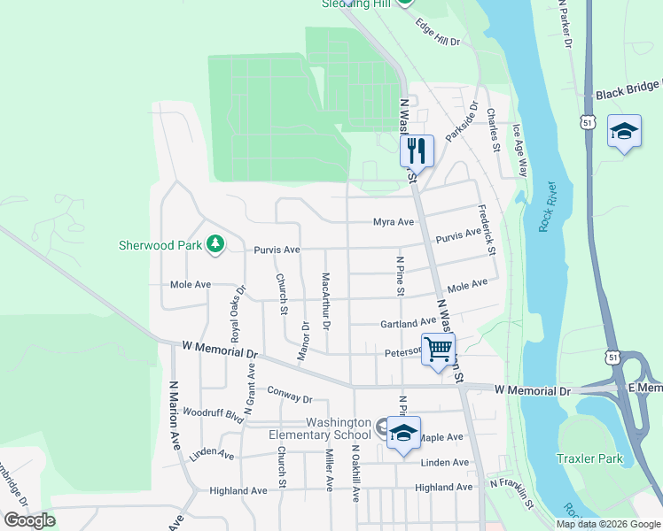 map of restaurants, bars, coffee shops, grocery stores, and more near 1406 MacArthur Drive in Janesville