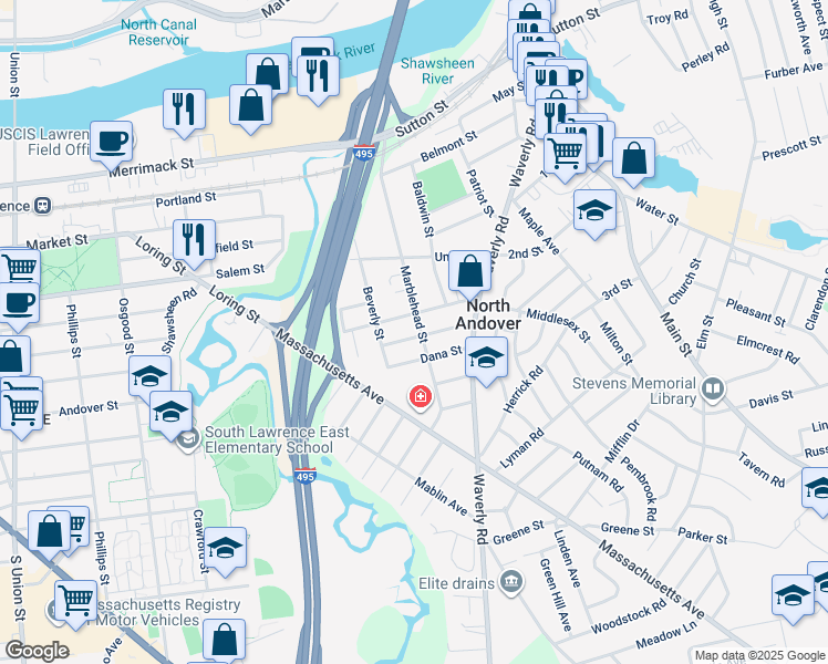 map of restaurants, bars, coffee shops, grocery stores, and more near 49 Harold Street in North Andover