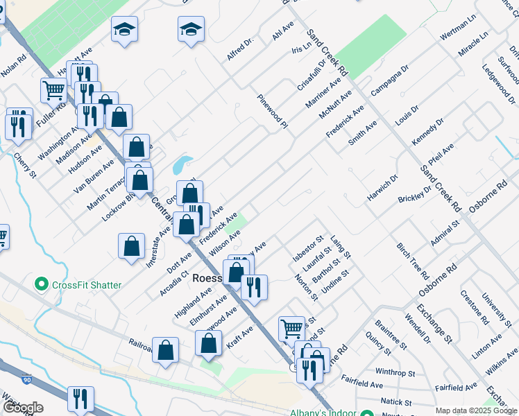 map of restaurants, bars, coffee shops, grocery stores, and more near 52 Frederick Avenue in Albany