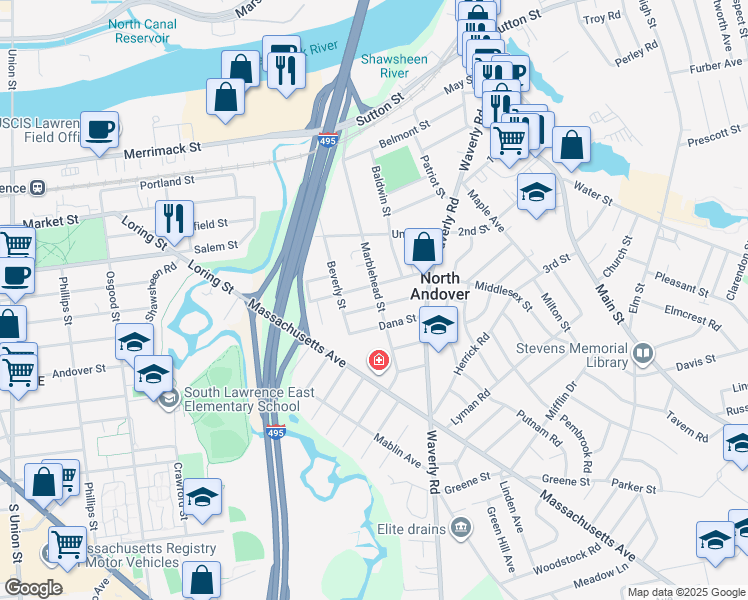 map of restaurants, bars, coffee shops, grocery stores, and more near 47 Harold Street in North Andover