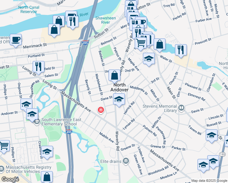map of restaurants, bars, coffee shops, grocery stores, and more near 2 Harold Street in North Andover