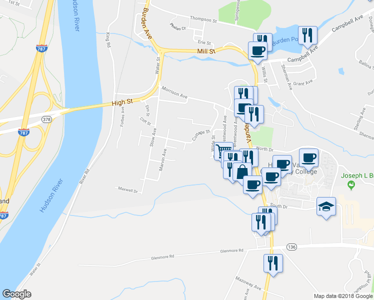 map of restaurants, bars, coffee shops, grocery stores, and more near 60 Cottage Street in Troy