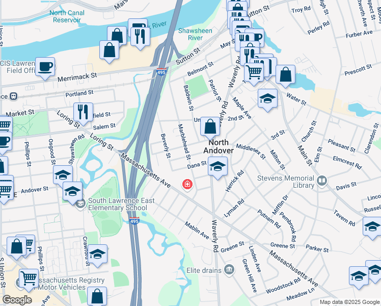 map of restaurants, bars, coffee shops, grocery stores, and more near 261 Middlesex Street in North Andover