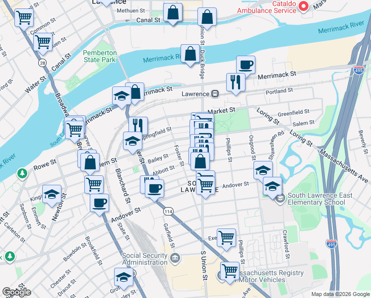 map of restaurants, bars, coffee shops, grocery stores, and more near 81 Salem Street in Lawrence