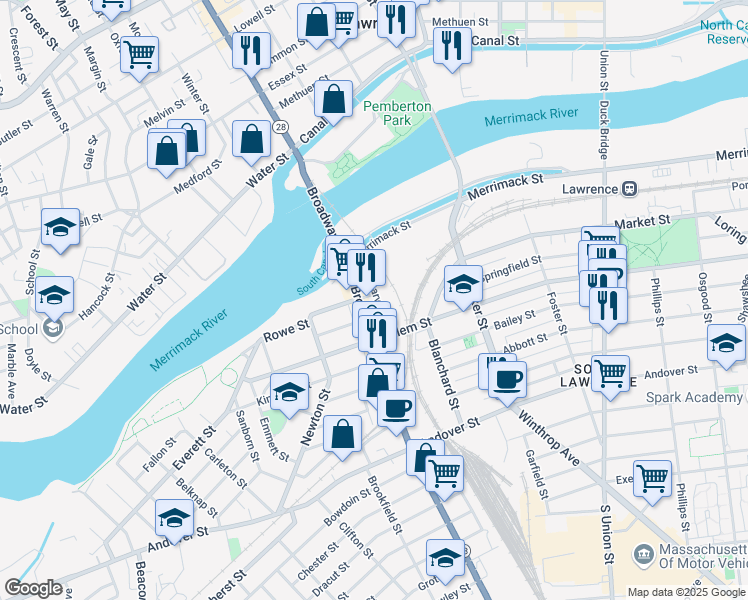 map of restaurants, bars, coffee shops, grocery stores, and more near 18 Carver Street in Lawrence
