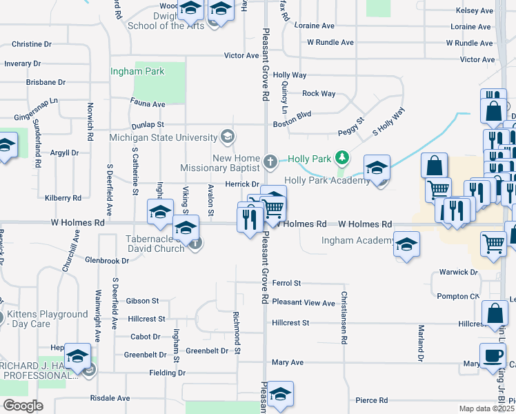 map of restaurants, bars, coffee shops, grocery stores, and more near 3309 Pleasant Grove Road in Lansing