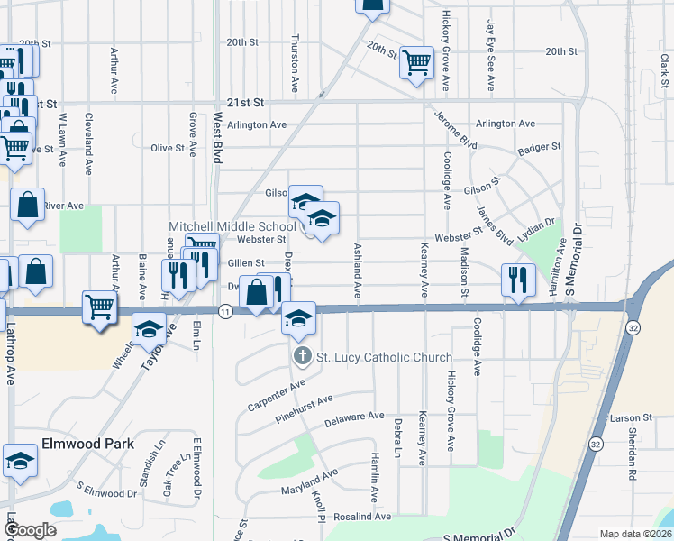 map of restaurants, bars, coffee shops, grocery stores, and more near 2800 Ashland Avenue in Racine