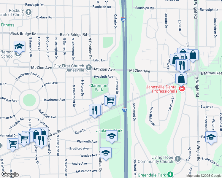 map of restaurants, bars, coffee shops, grocery stores, and more near 1130 Erie Drive in Janesville