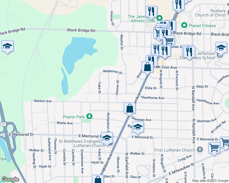 map of restaurants, bars, coffee shops, grocery stores, and more near 1158 Richardson Street in Janesville