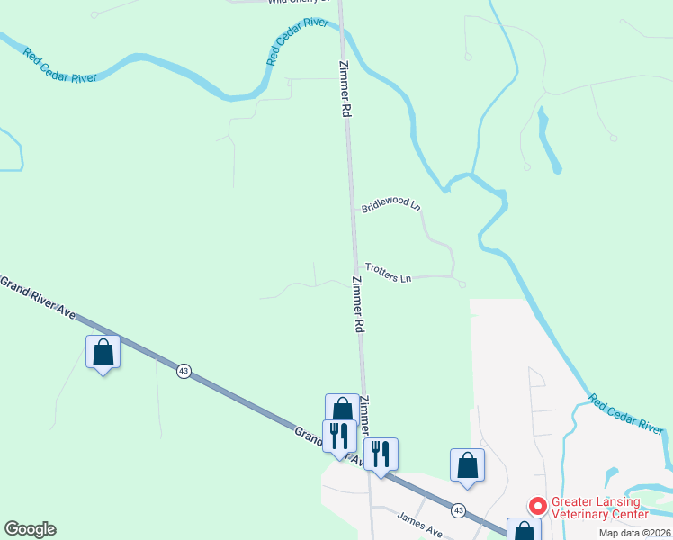 map of restaurants, bars, coffee shops, grocery stores, and more near 3925 Zimmer Road in Williamston