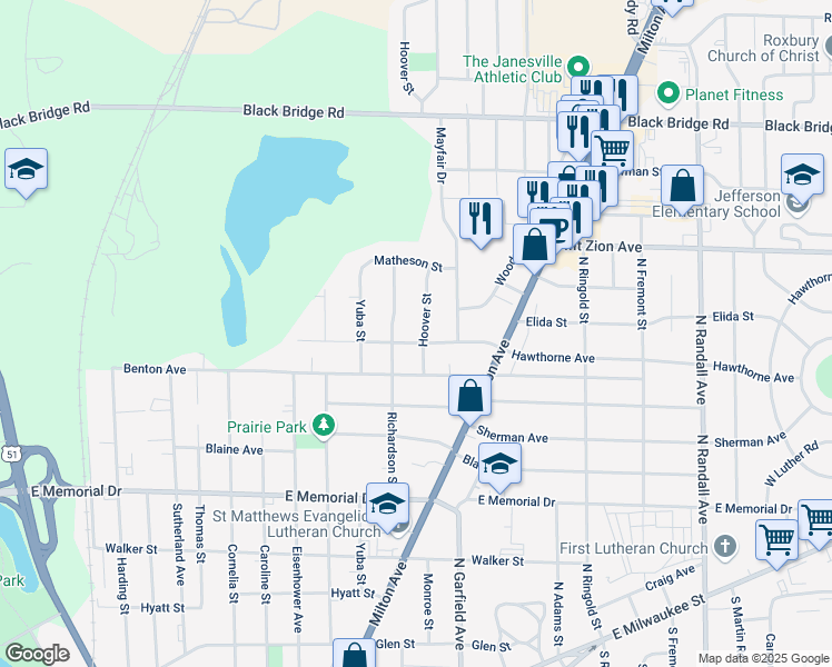 map of restaurants, bars, coffee shops, grocery stores, and more near 1158 Richardson Street in Janesville