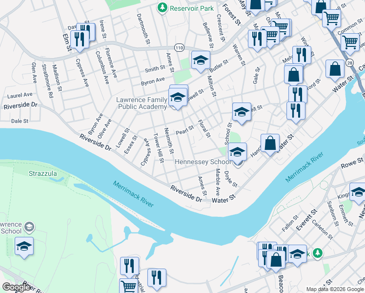 map of restaurants, bars, coffee shops, grocery stores, and more near 52 Hobson Street in Lawrence