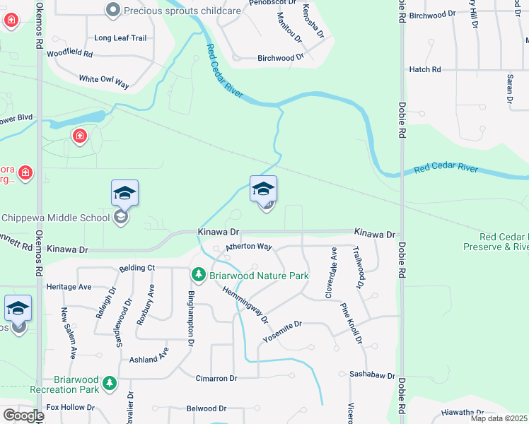 map of restaurants, bars, coffee shops, grocery stores, and more near 1900 Kinawa Drive in Meridian charter Township