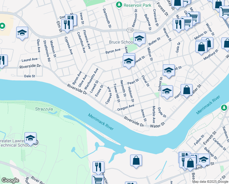 map of restaurants, bars, coffee shops, grocery stores, and more near 61 Pearl Street in Lawrence