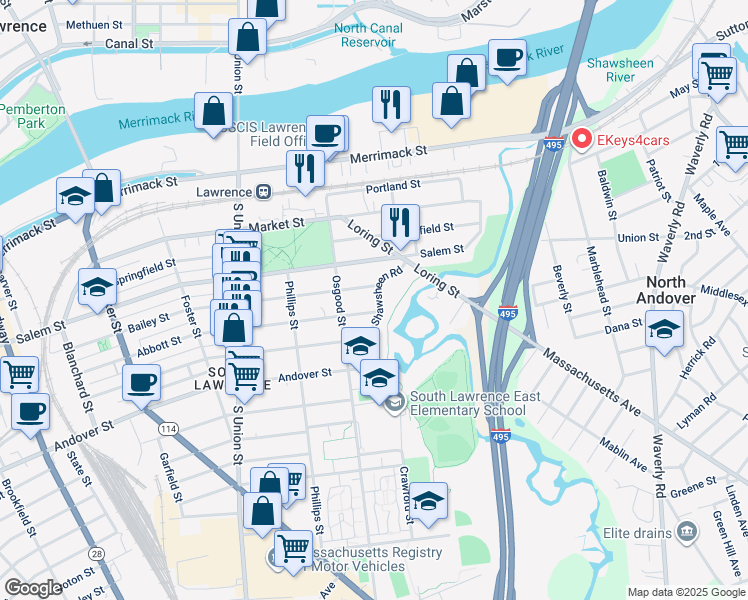 map of restaurants, bars, coffee shops, grocery stores, and more near 252 Bailey Street in Lawrence