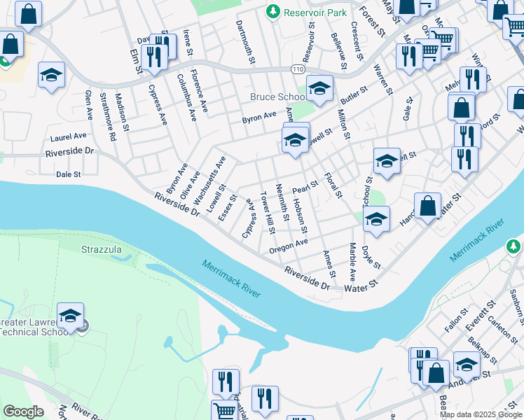 map of restaurants, bars, coffee shops, grocery stores, and more near 61 Pearl Street in Lawrence