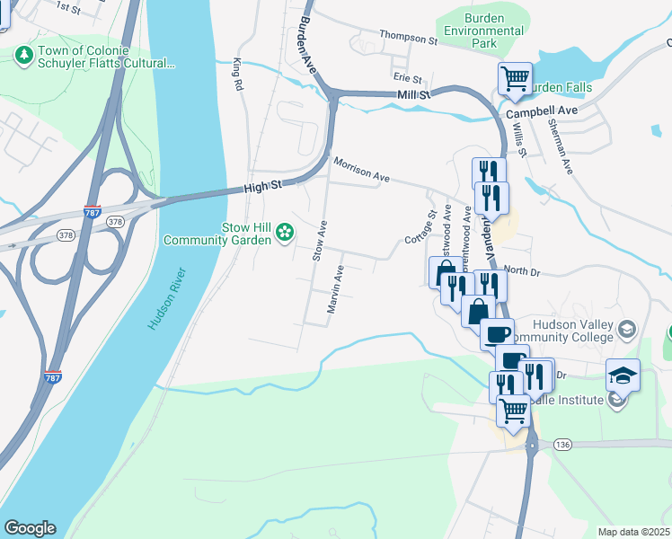 map of restaurants, bars, coffee shops, grocery stores, and more near 24 Cottage Street in Troy