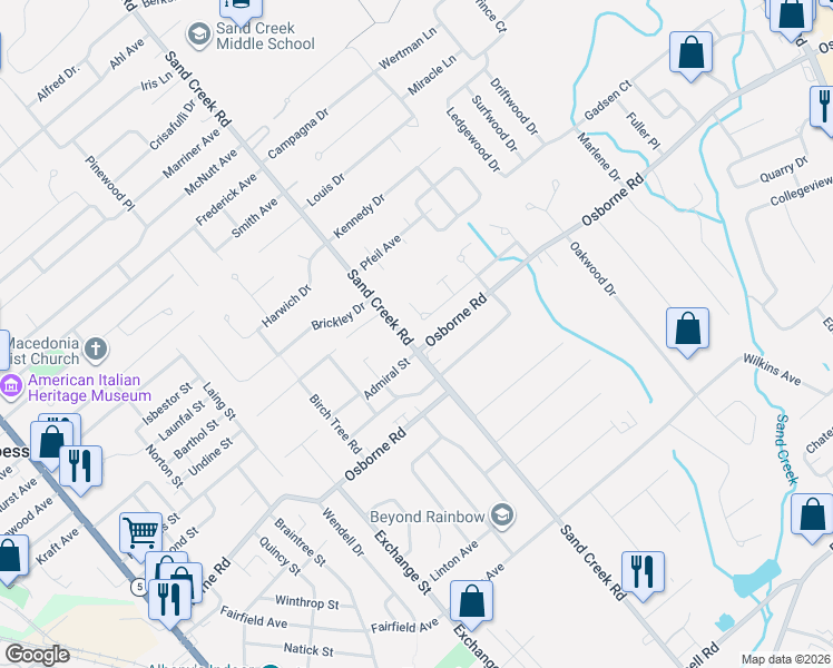 map of restaurants, bars, coffee shops, grocery stores, and more near 57 Old Birch Lane in Albany