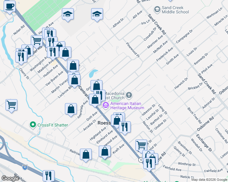 map of restaurants, bars, coffee shops, grocery stores, and more near 40 McNutt Avenue in Albany