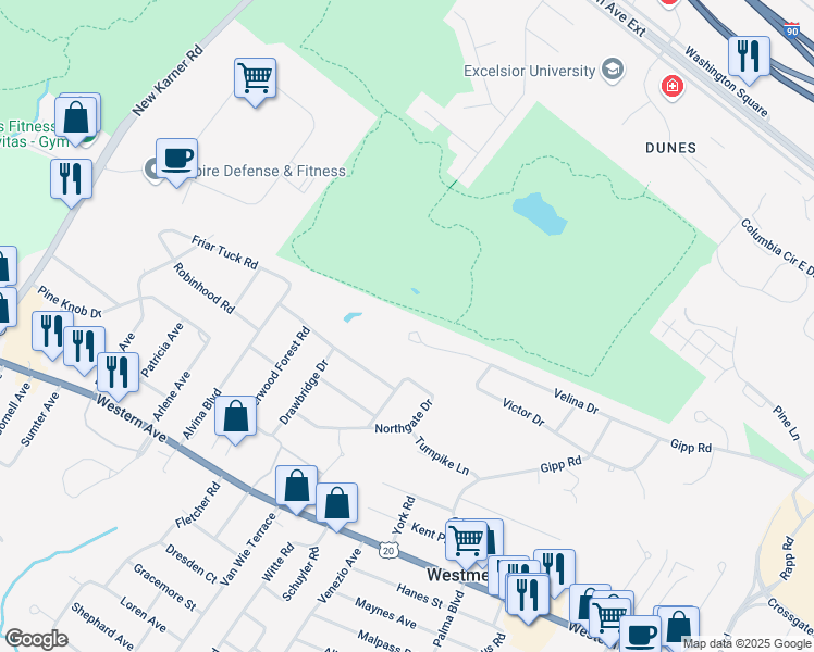 map of restaurants, bars, coffee shops, grocery stores, and more near 89 Velina Drive in Albany