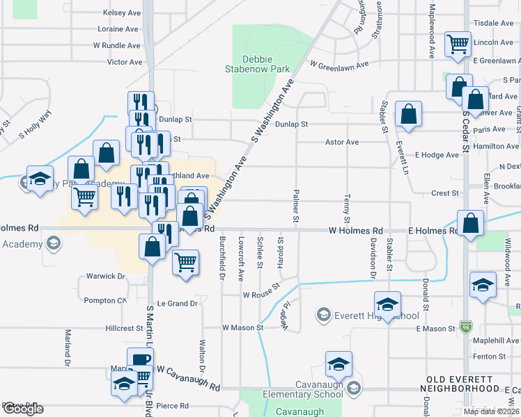 map of restaurants, bars, coffee shops, grocery stores, and more near 616 West Berry Avenue in Lansing