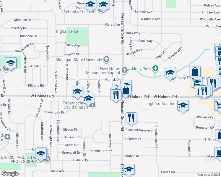 map of restaurants, bars, coffee shops, grocery stores, and more near 3311 Maloney Street in Lansing