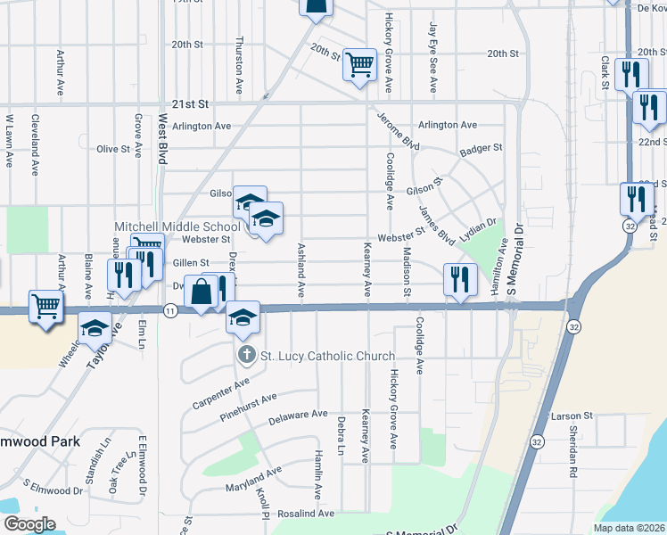 map of restaurants, bars, coffee shops, grocery stores, and more near 2412 Gillen Street in Racine
