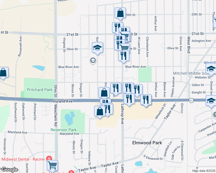 map of restaurants, bars, coffee shops, grocery stores, and more near 4020 Pierce Boulevard in Racine