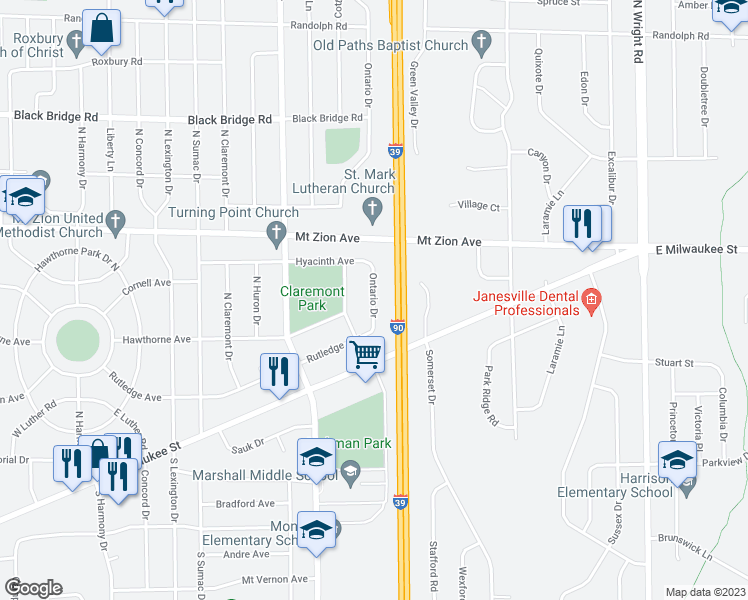 map of restaurants, bars, coffee shops, grocery stores, and more near 1148 Ontario Drive in Janesville