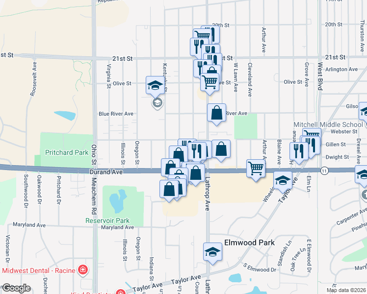 map of restaurants, bars, coffee shops, grocery stores, and more near 4020 Pierce Boulevard in Racine