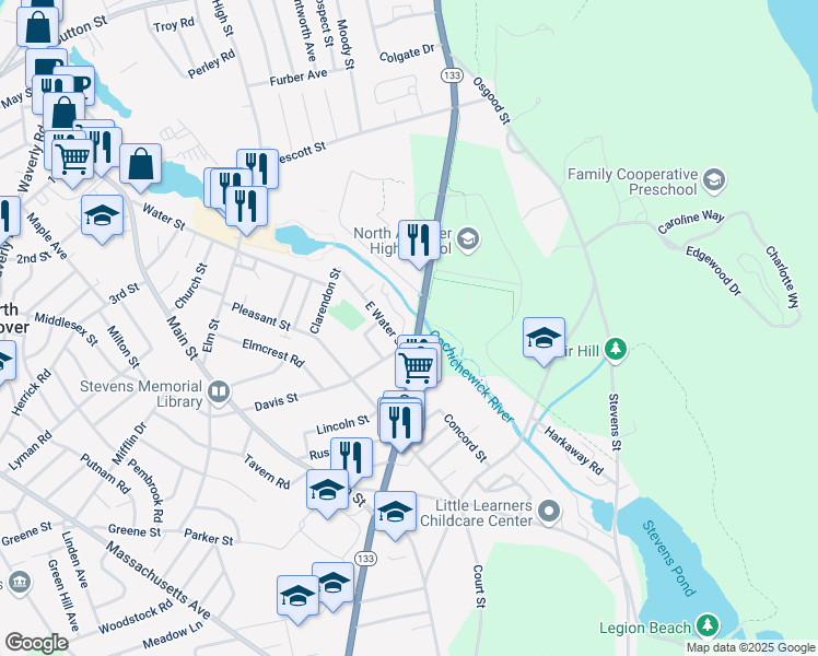 map of restaurants, bars, coffee shops, grocery stores, and more near 76 Water Street in North Andover
