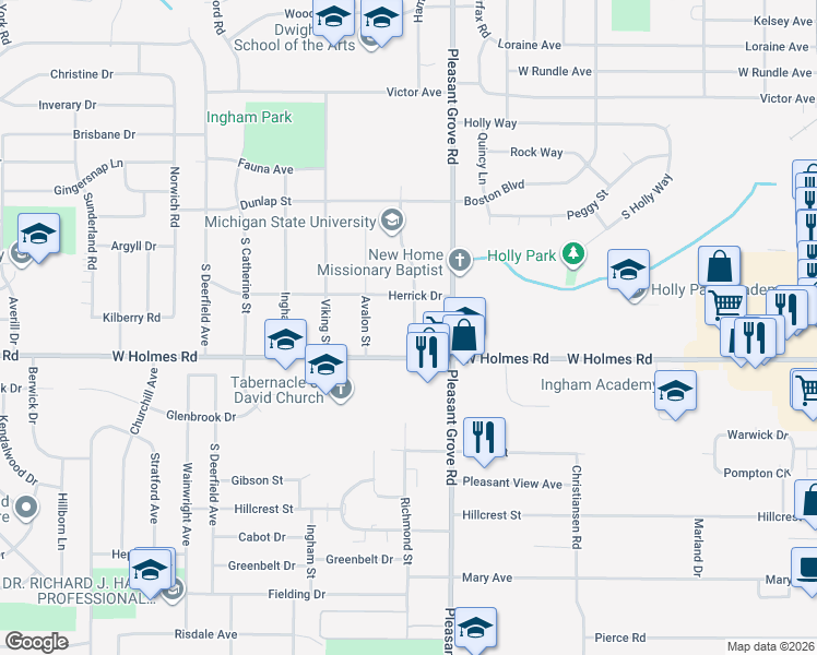 map of restaurants, bars, coffee shops, grocery stores, and more near 3311 Maloney Street in Lansing