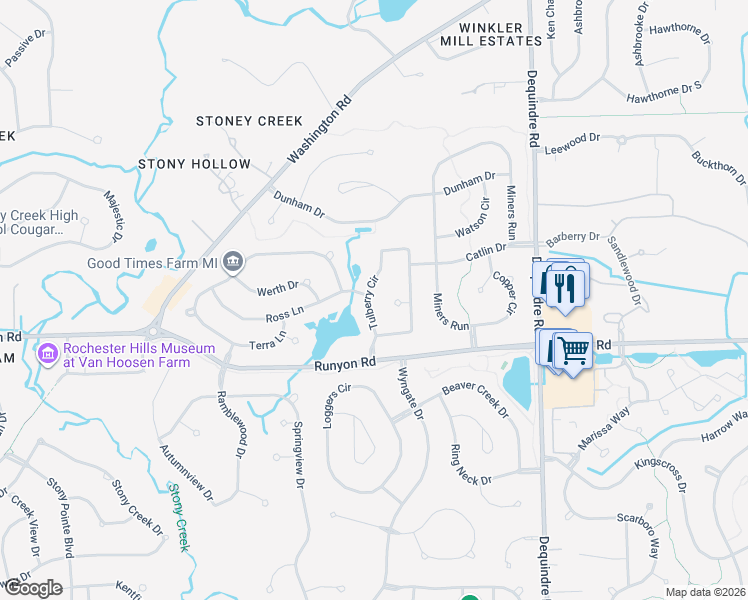 map of restaurants, bars, coffee shops, grocery stores, and more near 1268 Tulberry Circle in Rochester