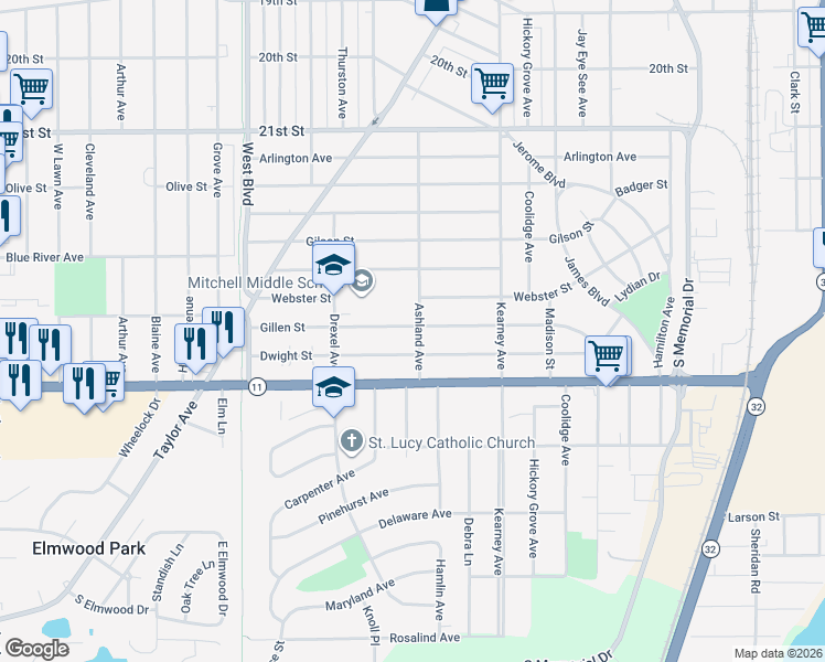 map of restaurants, bars, coffee shops, grocery stores, and more near 2800 Ashland Avenue in Racine