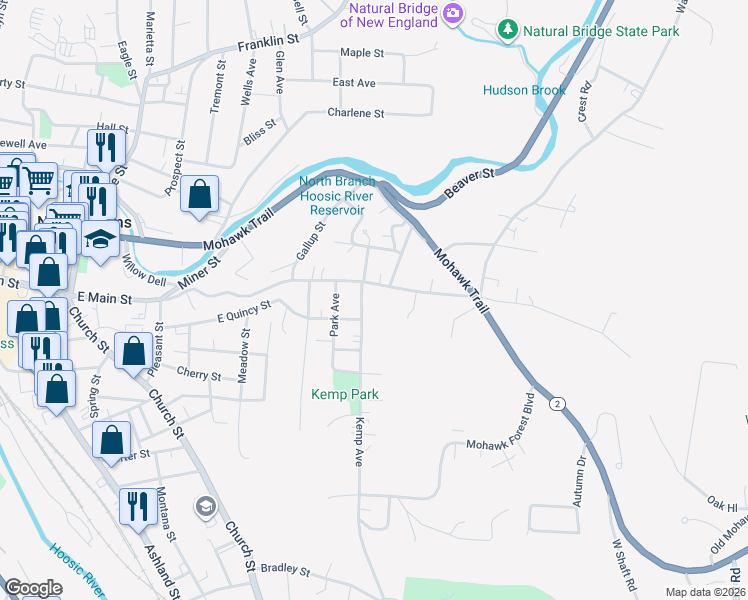 map of restaurants, bars, coffee shops, grocery stores, and more near 490-532 East Main Street in North Adams