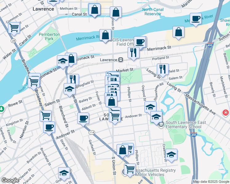 map of restaurants, bars, coffee shops, grocery stores, and more near 82 Salem Street in Lawrence