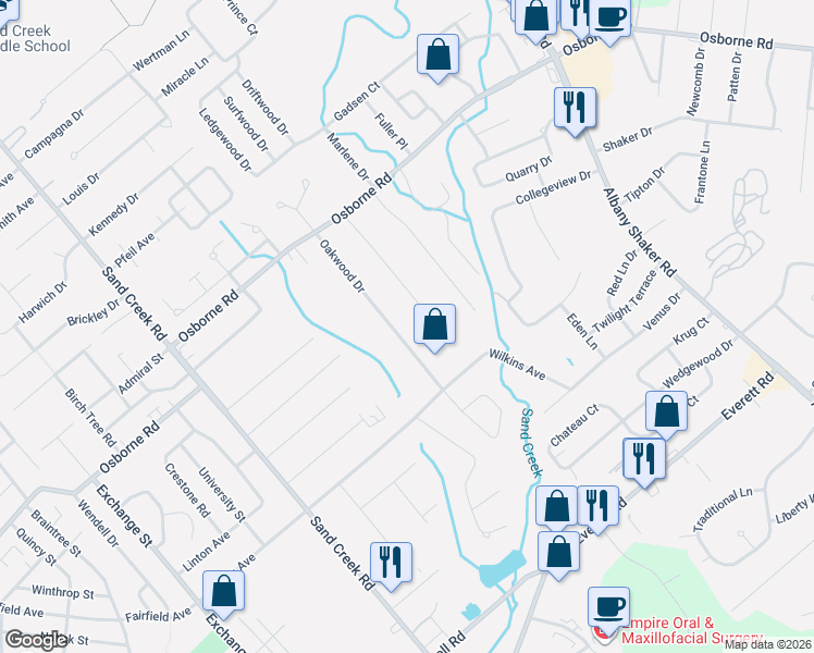 map of restaurants, bars, coffee shops, grocery stores, and more near 31 Oakwood Drive in Albany