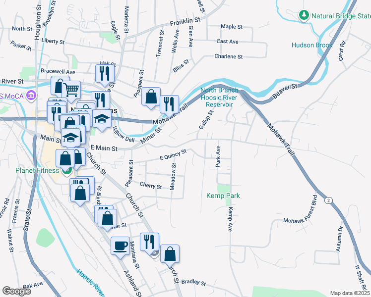 map of restaurants, bars, coffee shops, grocery stores, and more near 270-406 East Main Street in North Adams