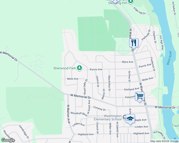 map of restaurants, bars, coffee shops, grocery stores, and more near 1503 Royal Oaks Drive in Janesville