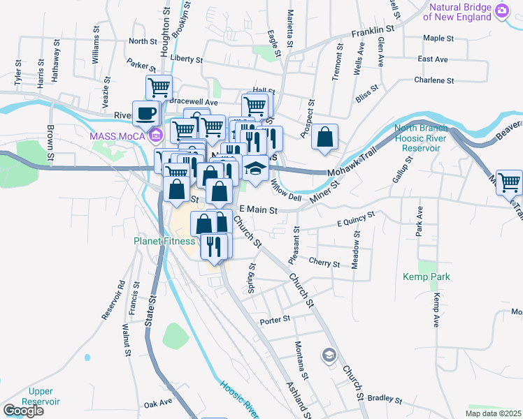 map of restaurants, bars, coffee shops, grocery stores, and more near 191 East Main Street in North Adams