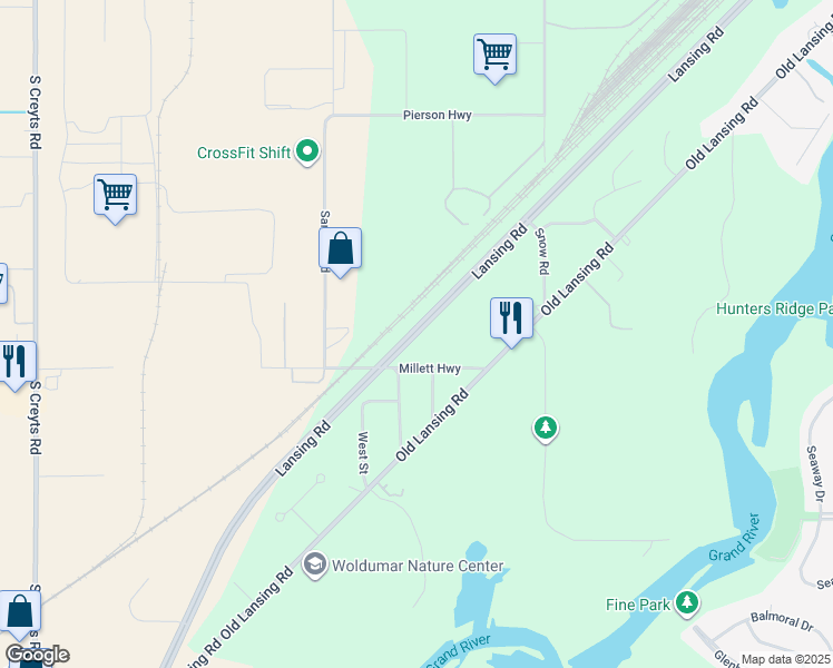 map of restaurants, bars, coffee shops, grocery stores, and more near Lansing Road in Lansing