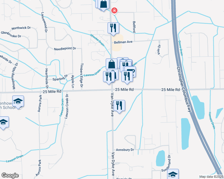 map of restaurants, bars, coffee shops, grocery stores, and more near Van Dyke Ave & 25 Mile Rd in Shelby Township