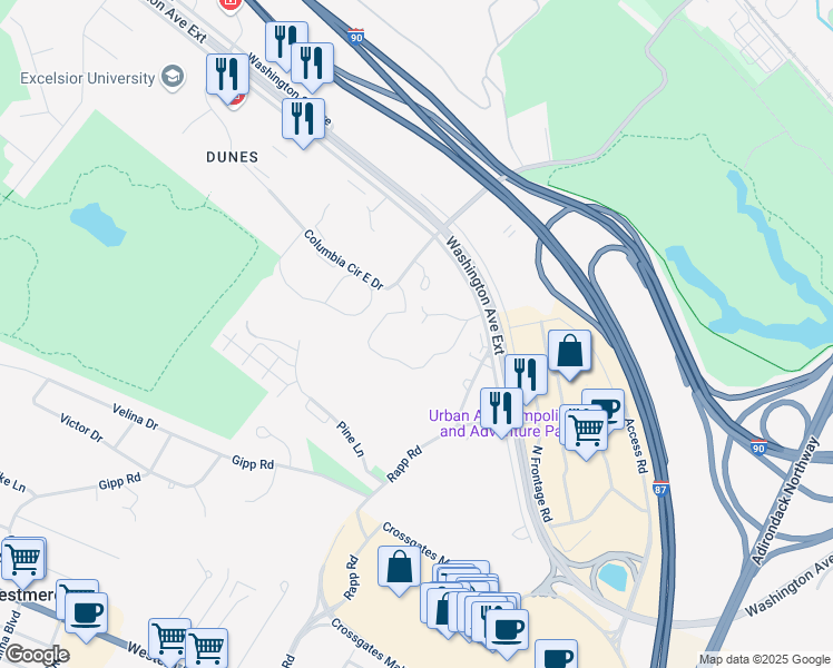 map of restaurants, bars, coffee shops, grocery stores, and more near 180 Washington Avenue Extension in Albany