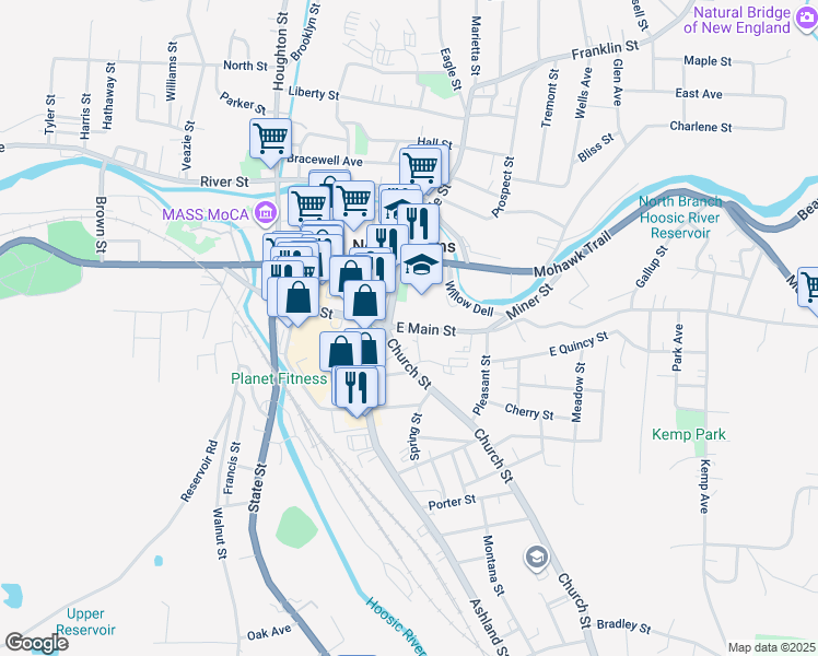 map of restaurants, bars, coffee shops, grocery stores, and more near 191 East Main Street in North Adams