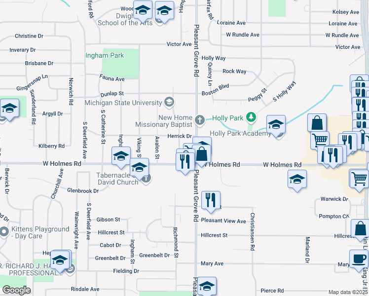 map of restaurants, bars, coffee shops, grocery stores, and more near 3323 Maloney Street in Lansing