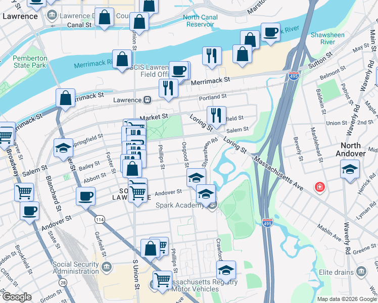 map of restaurants, bars, coffee shops, grocery stores, and more near 47 Osgood Street in Lawrence