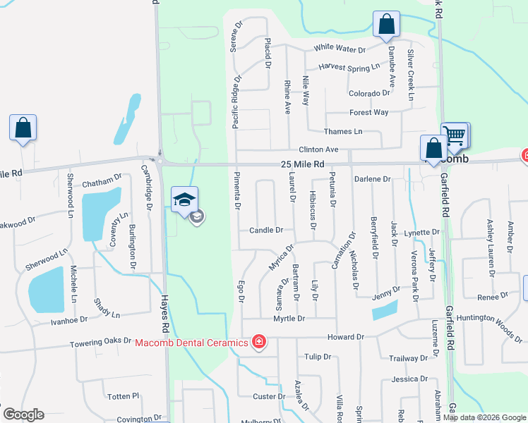 map of restaurants, bars, coffee shops, grocery stores, and more near 54741 Mahogany Drive in Macomb