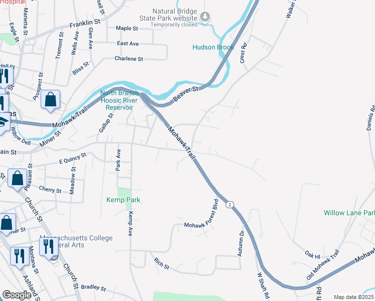map of restaurants, bars, coffee shops, grocery stores, and more near 649 East Main Street in North Adams